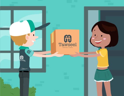 Tawseel rider handing a parcel to a customer